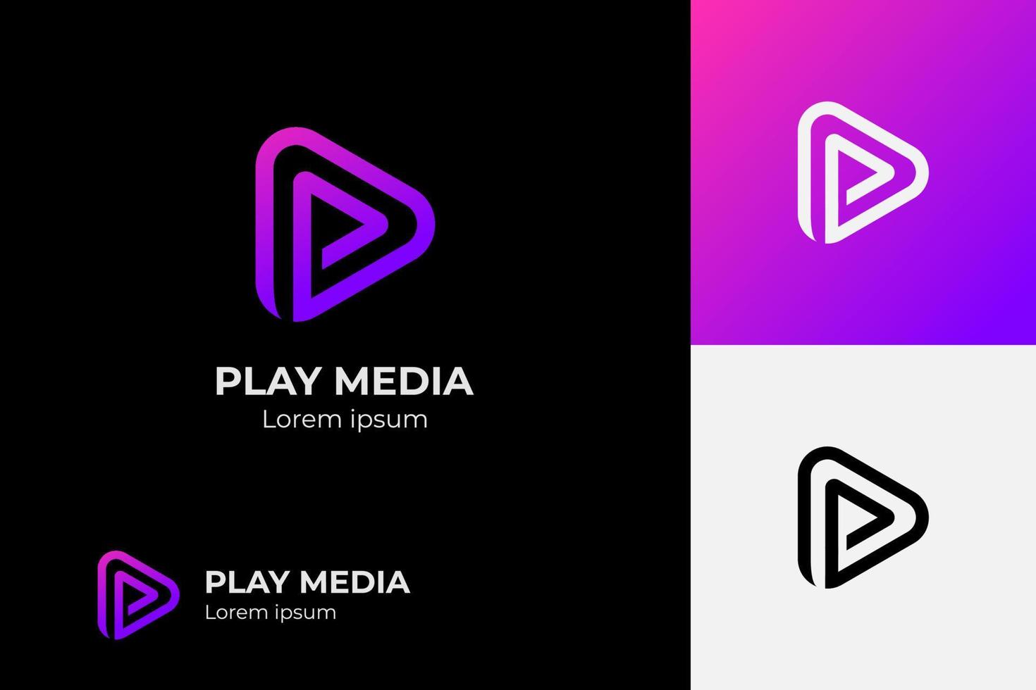 giocare pulsante per media App logo design con iniziale lettera p linea logo. streaming servizio App logotipo. multimedia giocatore icona design elemento per musica e film inizio cartello, Audio e video editore logo vettore