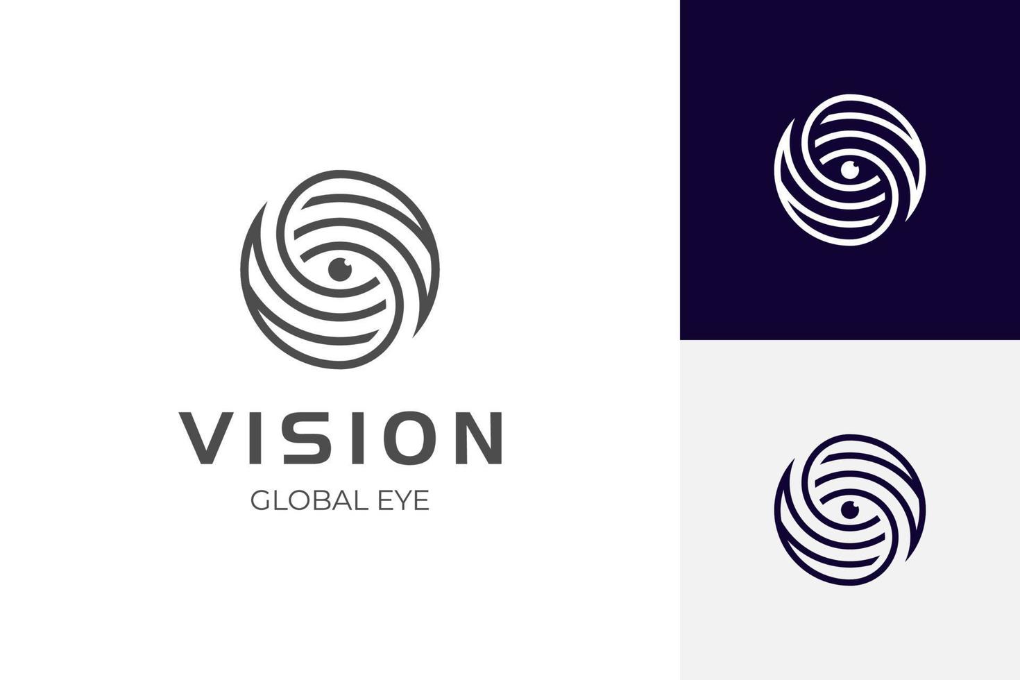 linea occhio logo con sfera concetto. mondo logo con occhio. globale telecamera occhio logo adatto per spiare, sicurezza, tecnologia loghi vettore
