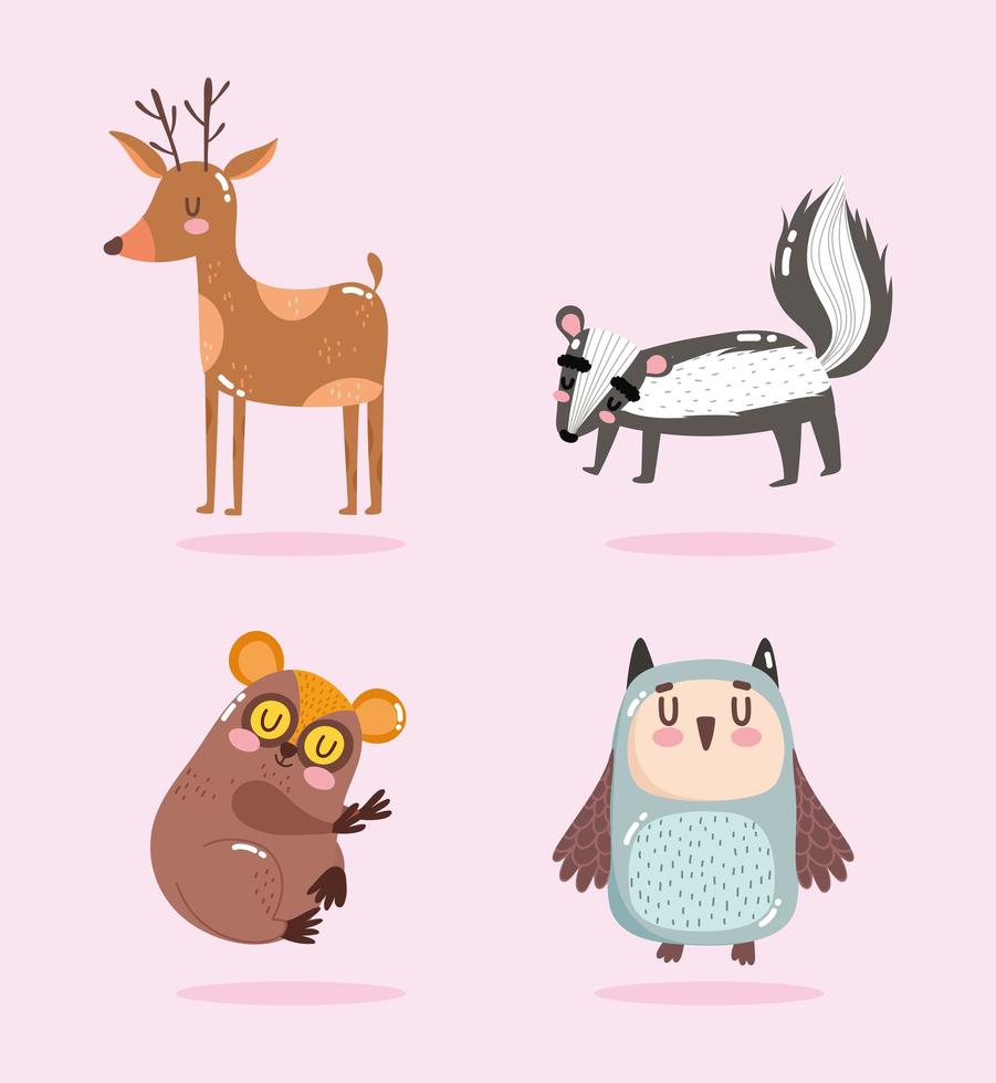 simpatici animali dei cartoni animati. piccola puzzola, cervo e gufo vettore