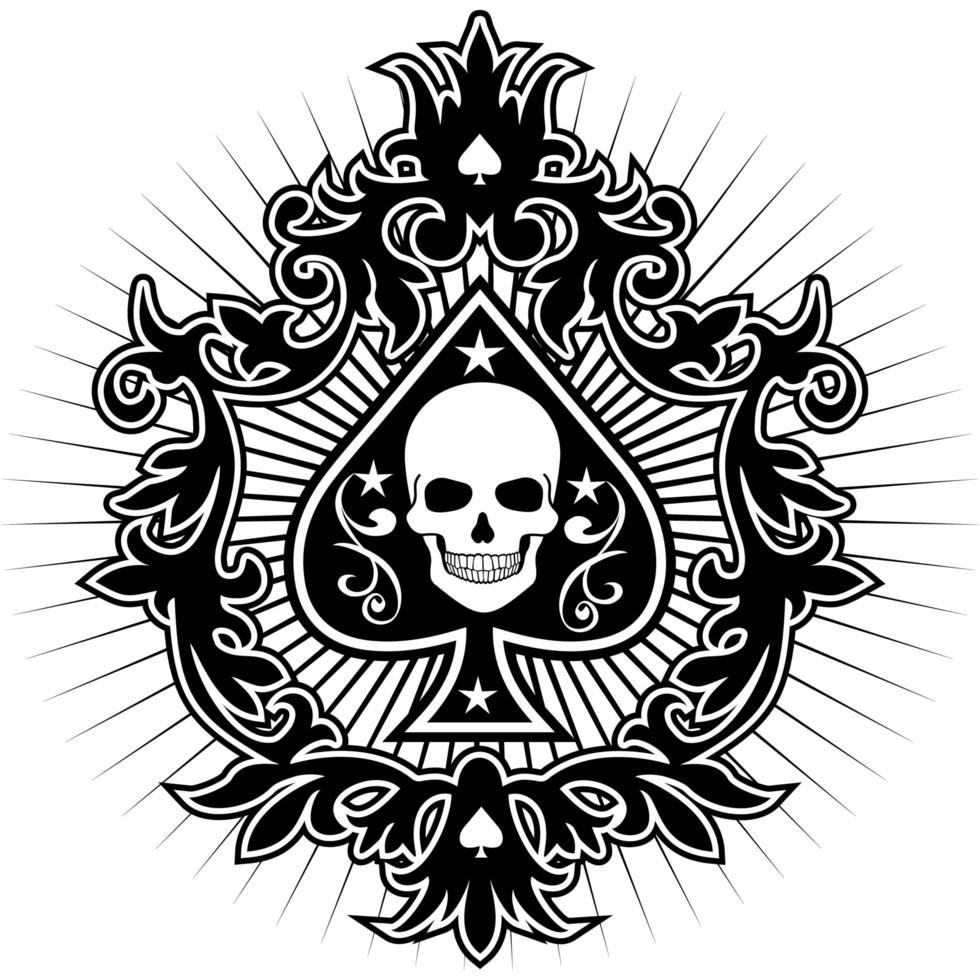 emblema di carta di picche con testa di scheletro vettore
