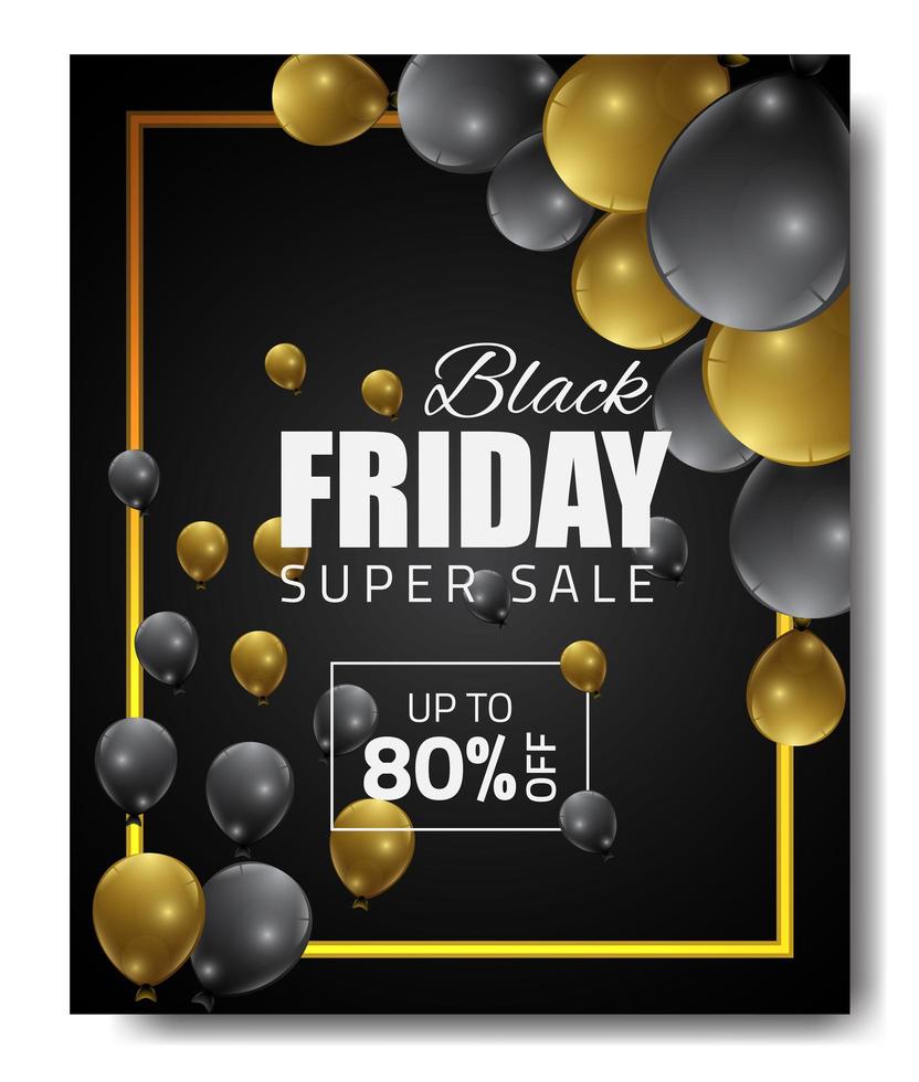 banner di vendita venerdì nero con palloncini oro e neri vettore