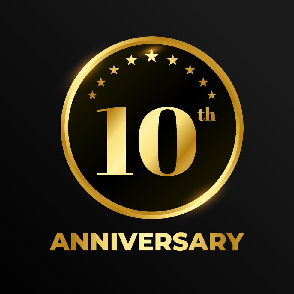 d'oro distintivo cerchio nozze anniversario etichette celebrazione numero con nastro 10 anni vettore
