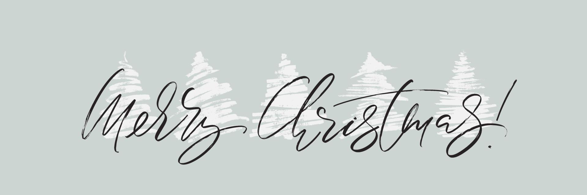allegro Natale orizzontale saluto carta design. vacanza vettore illustrazione con lettering composizione e mano disegnato Natale alberi sagome.