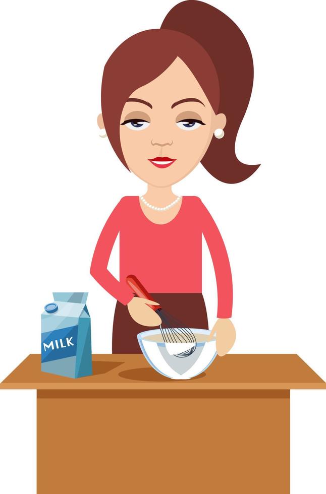 donna cucinando con latte, illustrazione, vettore su bianca sfondo.