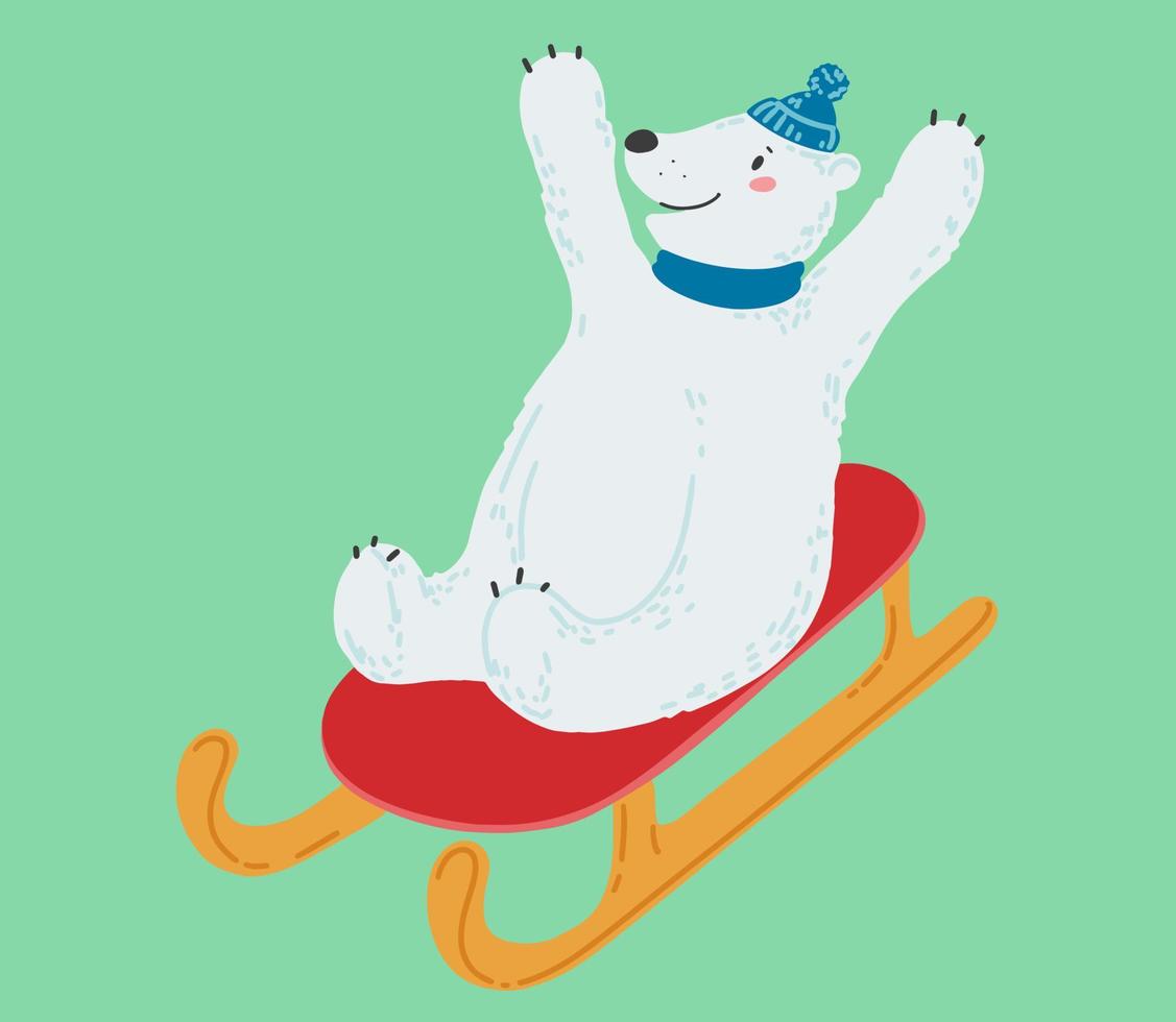 il bianca polare orso è slittino. inverno sport. colorato vettore illustrazione nel un' carino piatto stile. vettore illustrazione design.