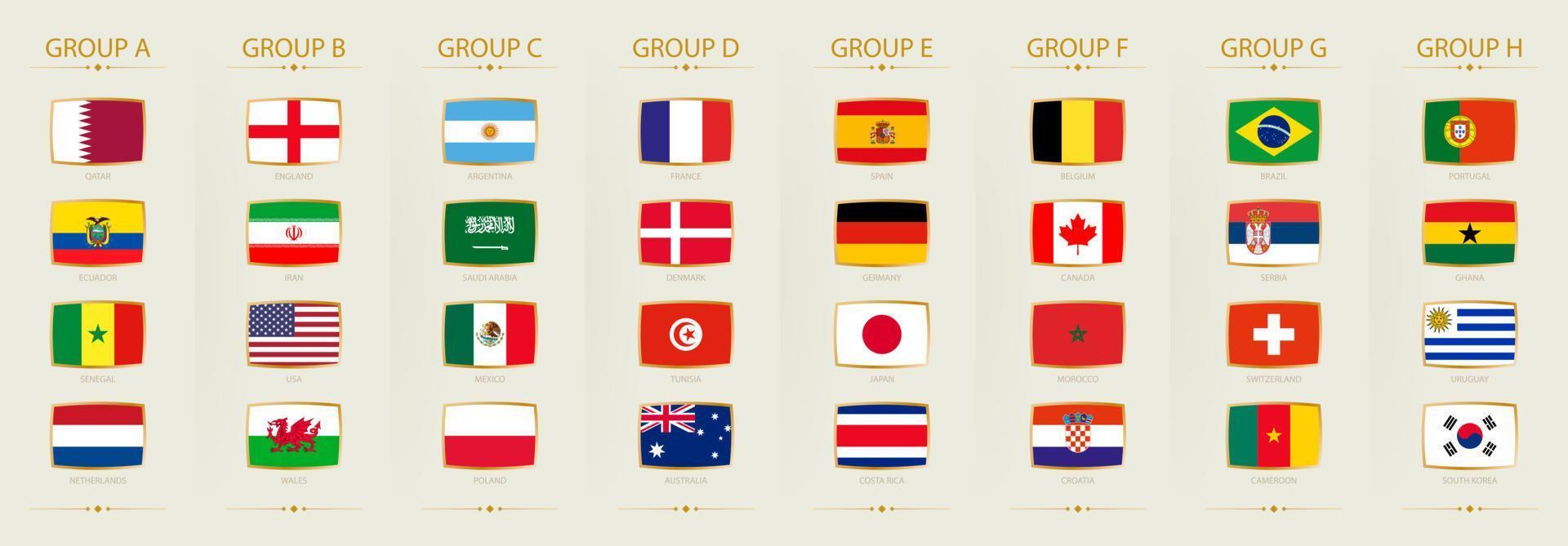 mondo calcio torneo partecipanti bandiere, tutti gruppi e bandiere su leggero sfondo. vettore