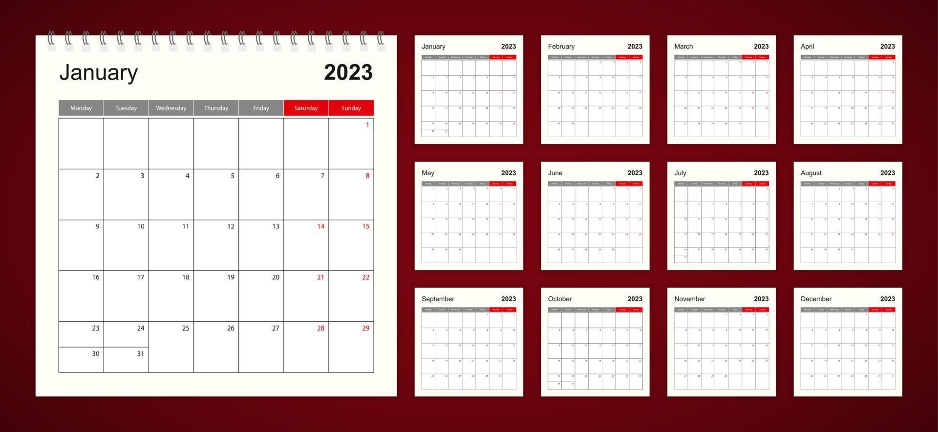 parete calendario modello per 2023 anno. vacanza e evento pianificatore, settimana inizia su lunedì. vettore