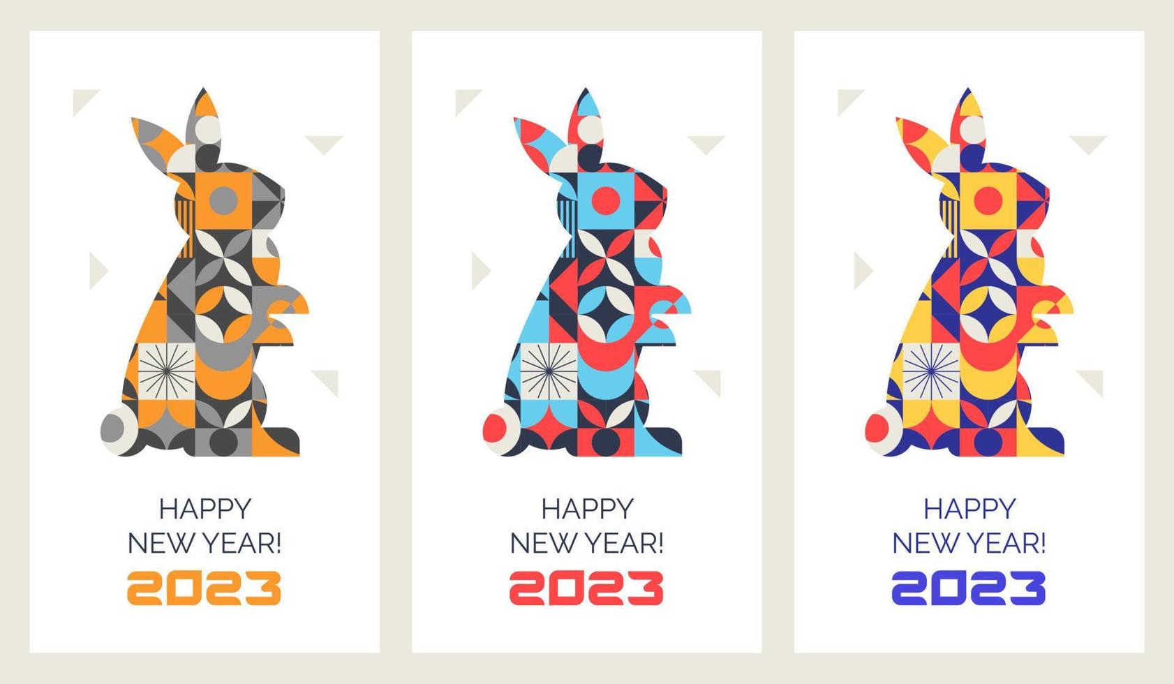 un' impostato di cartoline con il Cinese nuovo anno 2023. il anno di il coniglio con un' geometrico modello nel scandi stile vettore