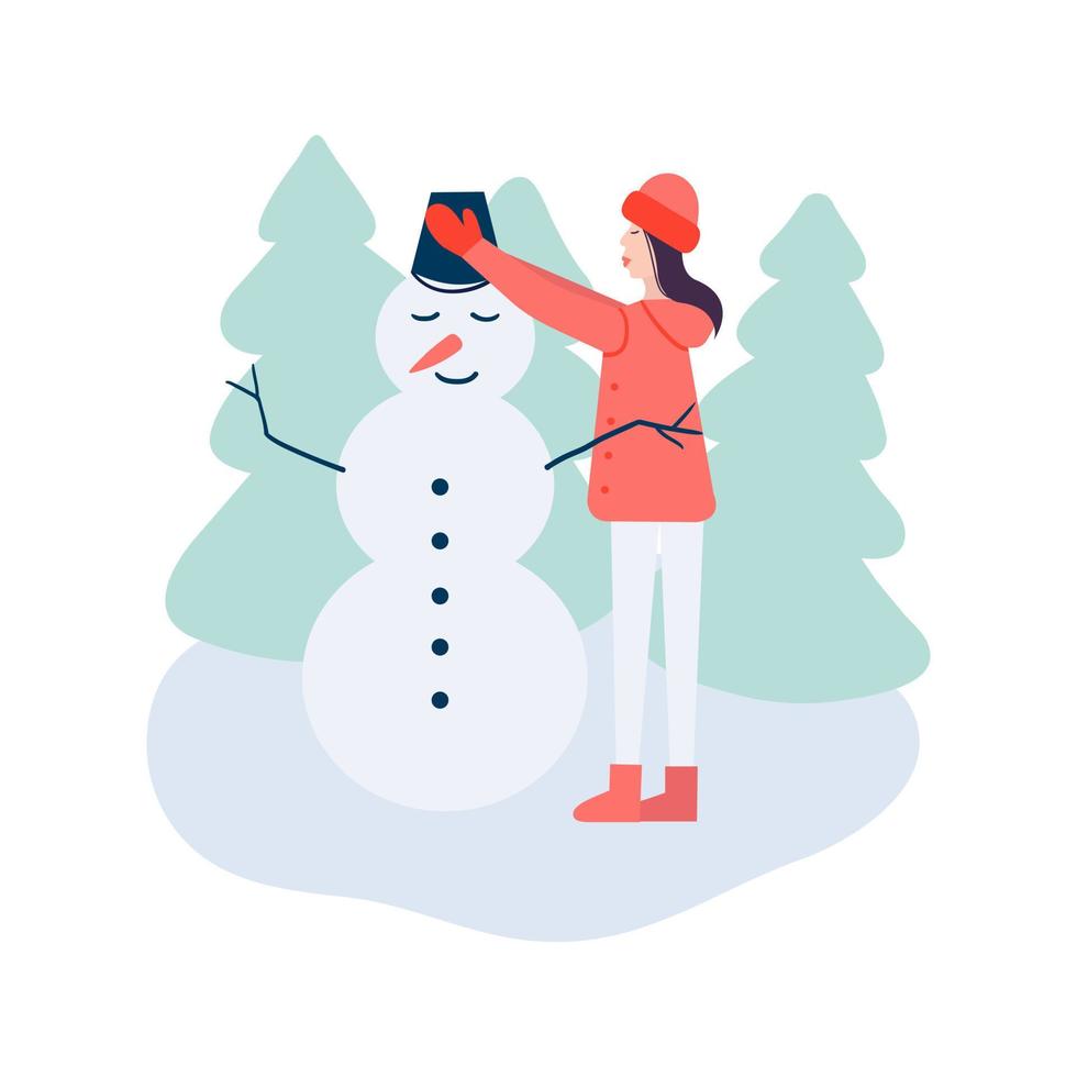 donna fabbricazione pupazzo di neve nel paesaggio invernale. inverno all'aperto attività. vettore azione illustrazione