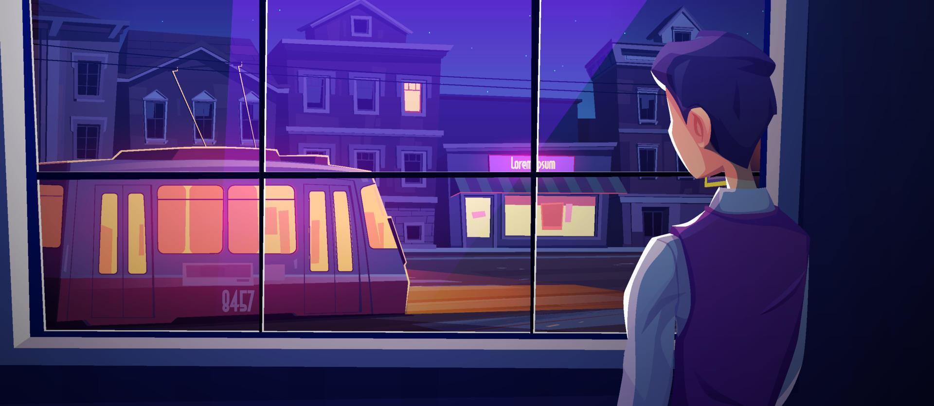 solitario uomo In piedi a finestra Guarda su notte strada vettore