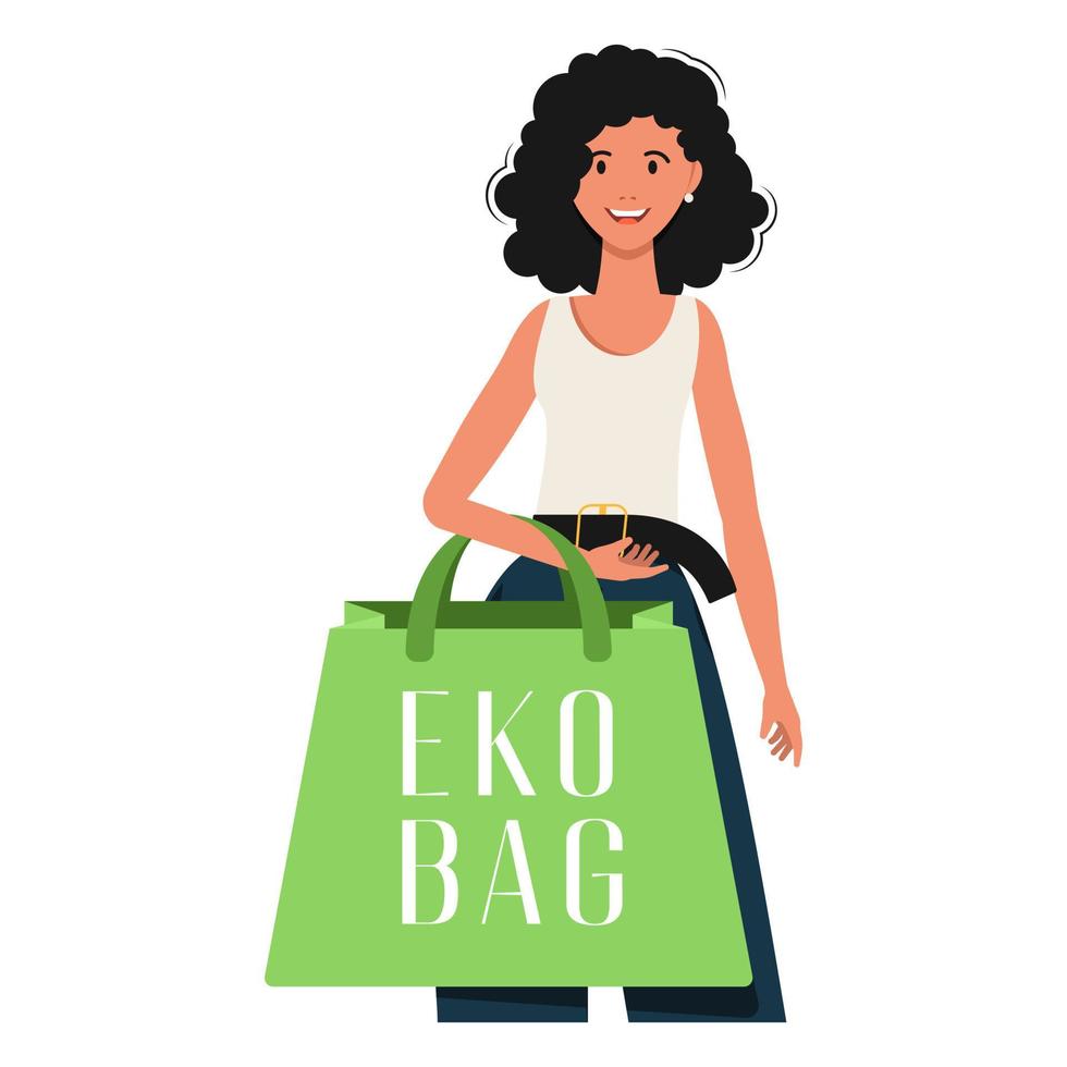 il concetto di ecologico borse e plastica. un' donna detiene un pacchetto ecologico nel sua mani. isolato su bianca vettore