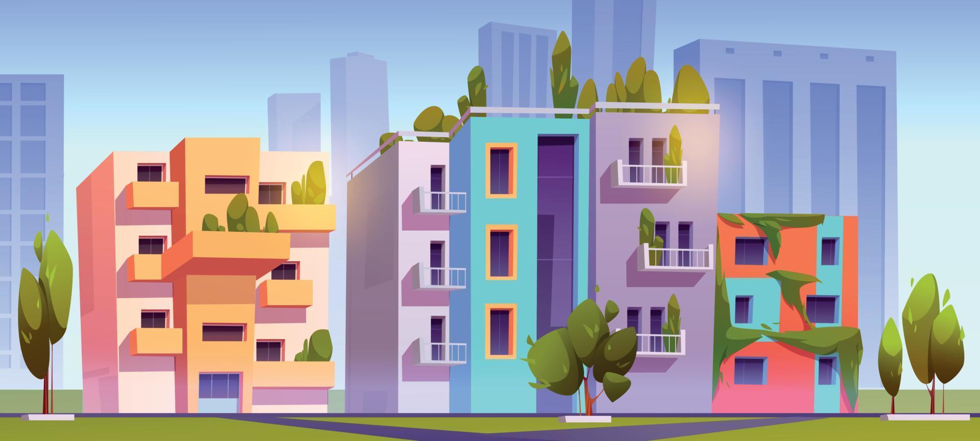 verde città con eco case con giardino su tetto vettore