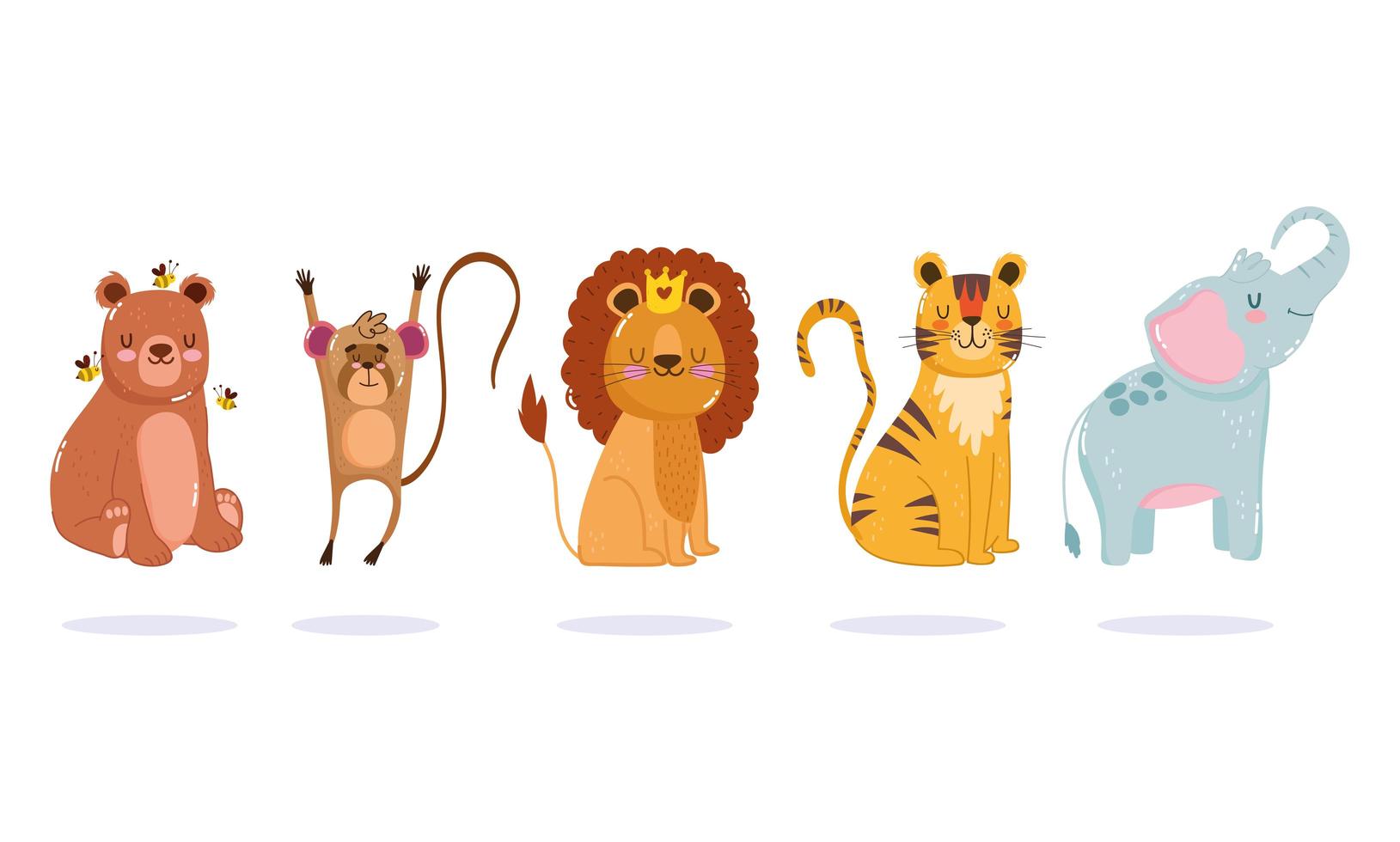 animali dei cartoni animati. leone, tigre, orso, scimmia ed elefante vettore