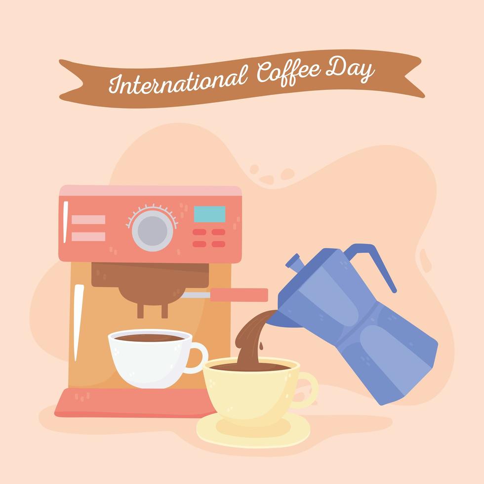 giornata internazionale del caffè. tazza della macchina e bollitore vettore