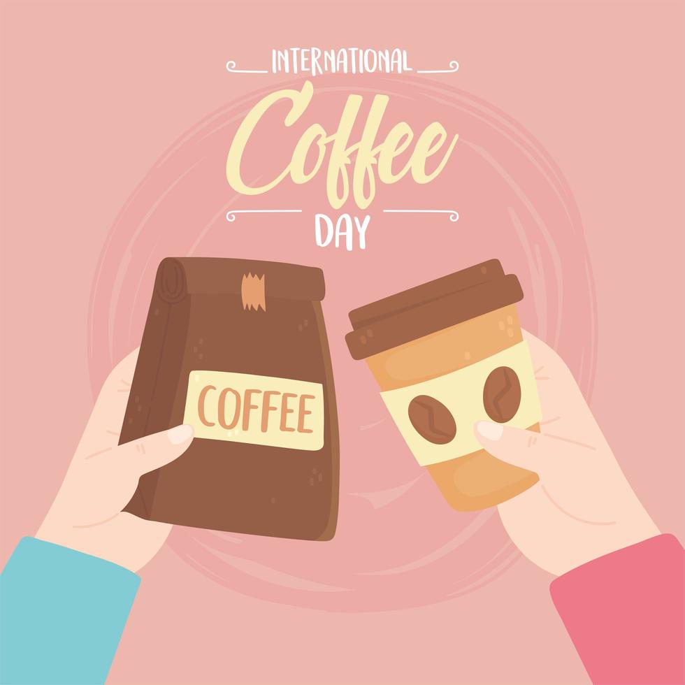 giornata internazionale del caffè. pacchetto e tazza usa e getta vettore