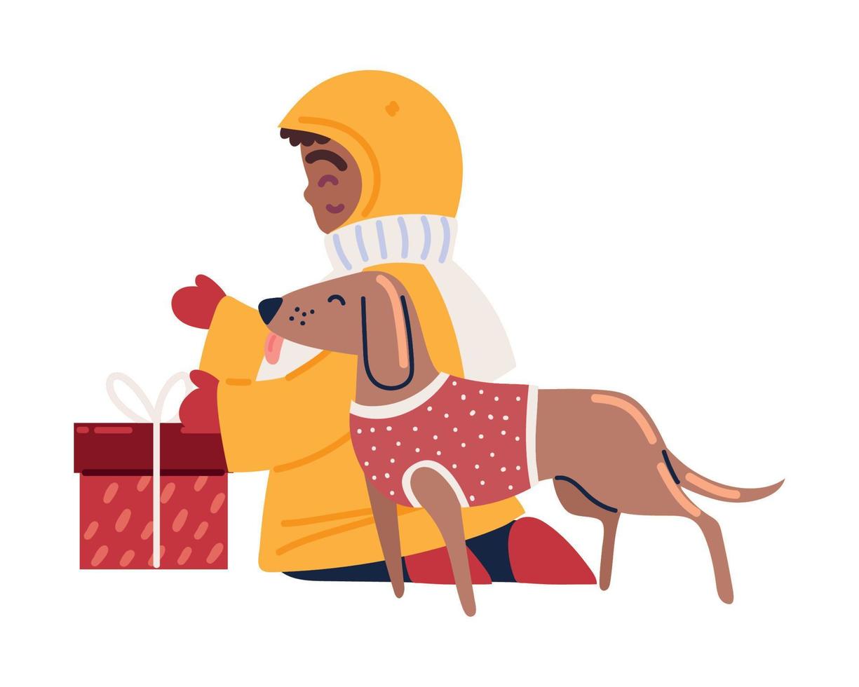 ragazzo e cane con Natale regalo vettore
