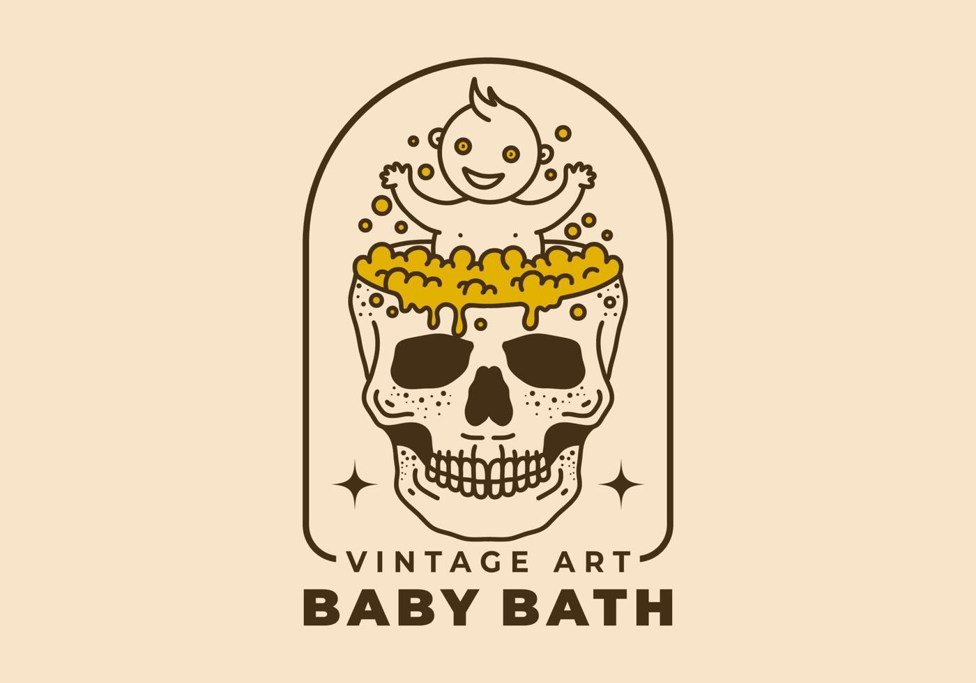 Vintage ▾ arte illustrazione di un' bambino bagno su il cranio stagno vettore
