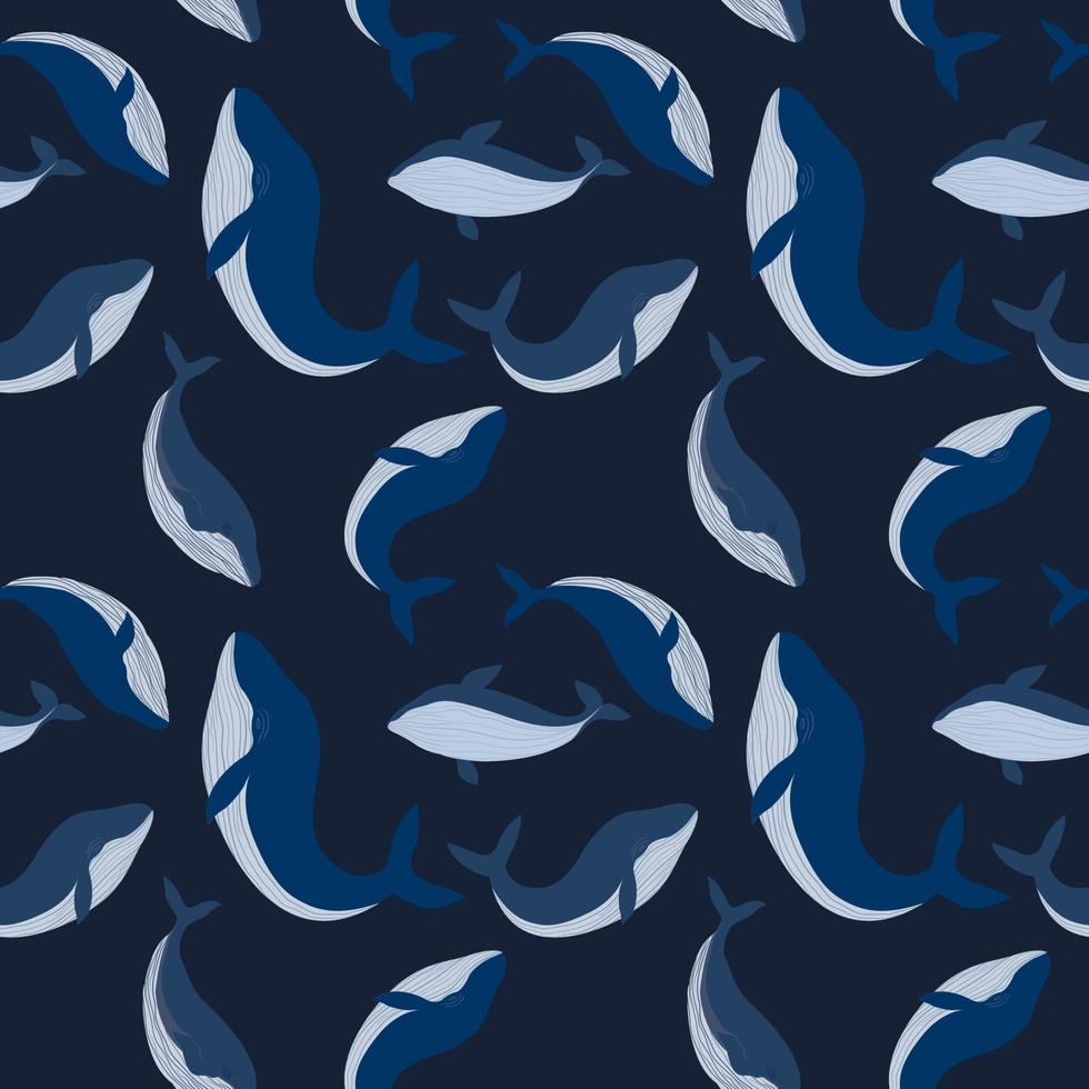 vettore senza soluzione di continuità modello con blu balena, illustrazione astratto animale nel oceano disegno su buio blu sfondo per moda tessuto tessile stampa, sfondo e carta involucro