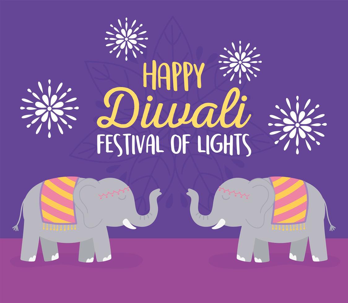 felice festival di diwali. carta di elefanti e fiori vettore