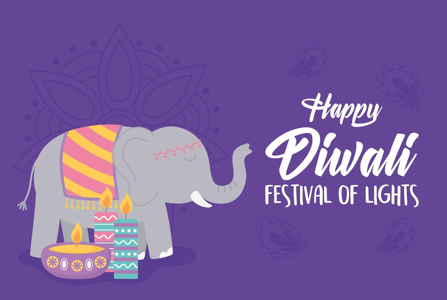 felice festival di diwali. elefante, lampada diya e candele vettore