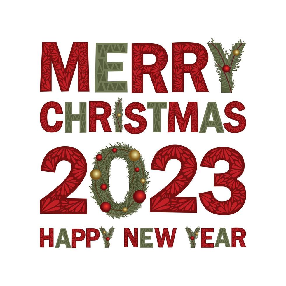 lettering allegro Natale e contento nuovo anno 2023. semplice vettore illustrazione.