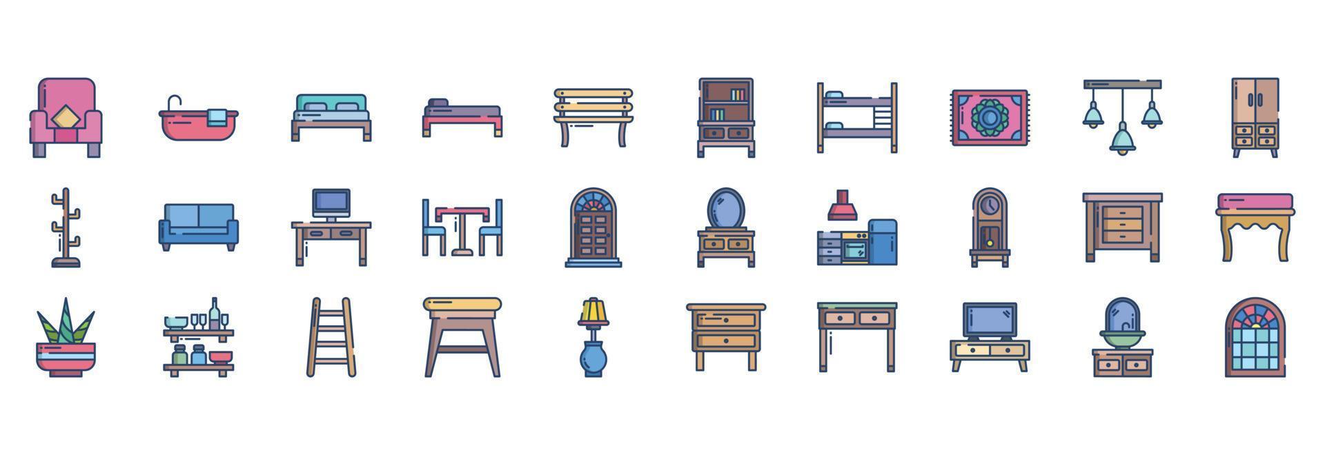 collezione di icone relazionato per mobilia e casa arredamento, Compreso icone piace poltrona, vasca da bagno, letto, panchina e di più. vettore illustrazioni, pixel Perfetto impostato