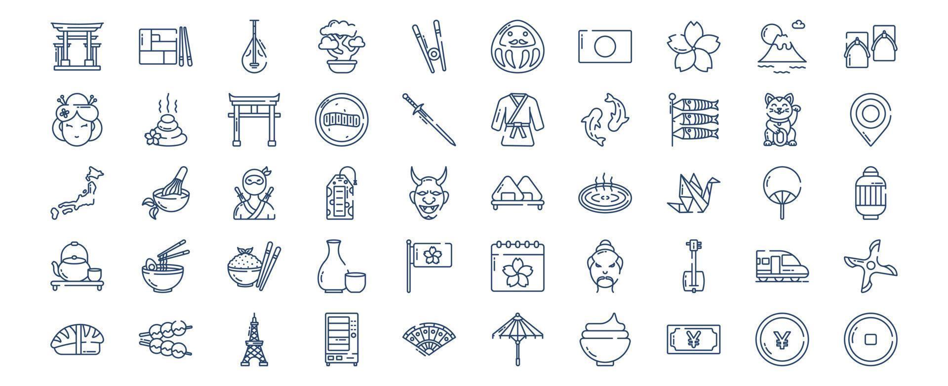 collezione di icone relazionato per Giappone nazione e cultura icona impostare, Compreso icone piace bento, biwa, bonsai, chop bastone e di più. vettore illustrazioni, pixel Perfetto impostato