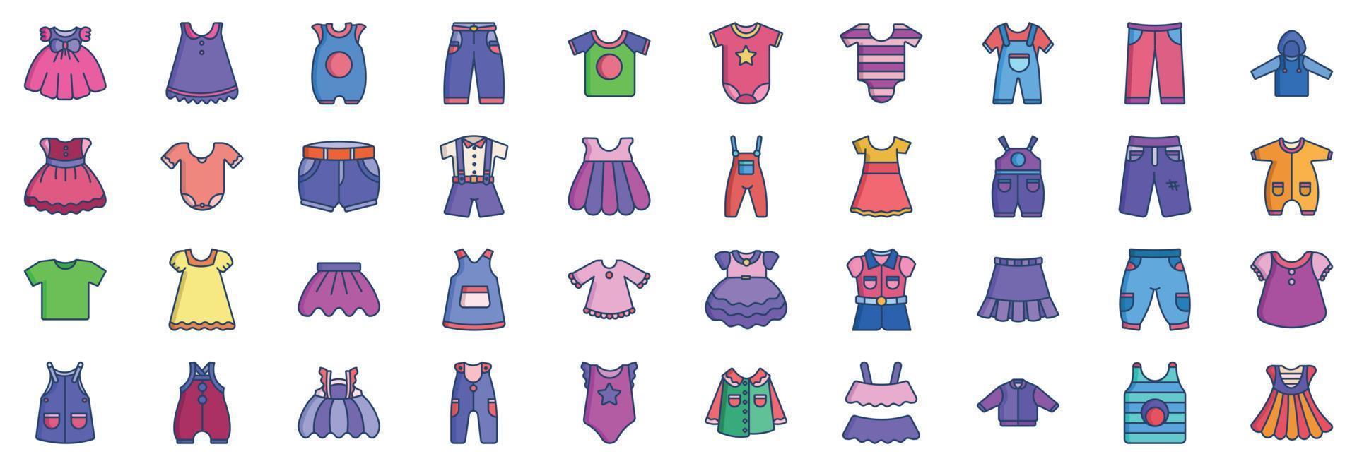 collezione di icone relazionato per bambini capi di abbigliamento e vestire, Compreso icone piace breve, pantaloni, breve, e di più. vettore illustrazioni, pixel Perfetto impostato