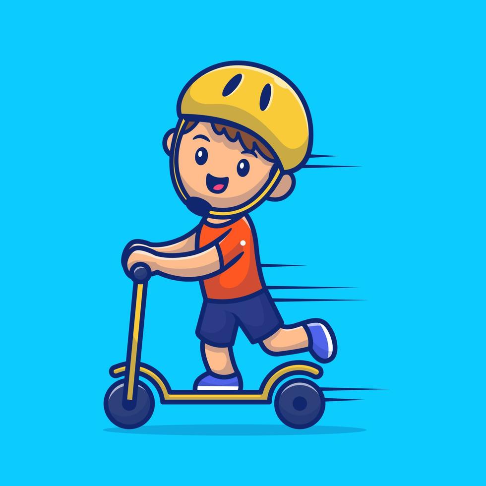 carino ragazzo giocando scooter elettrico cartone animato vettore icona illustrazione. persone mezzi di trasporto icona concetto isolato premio vettore. piatto cartone animato stile