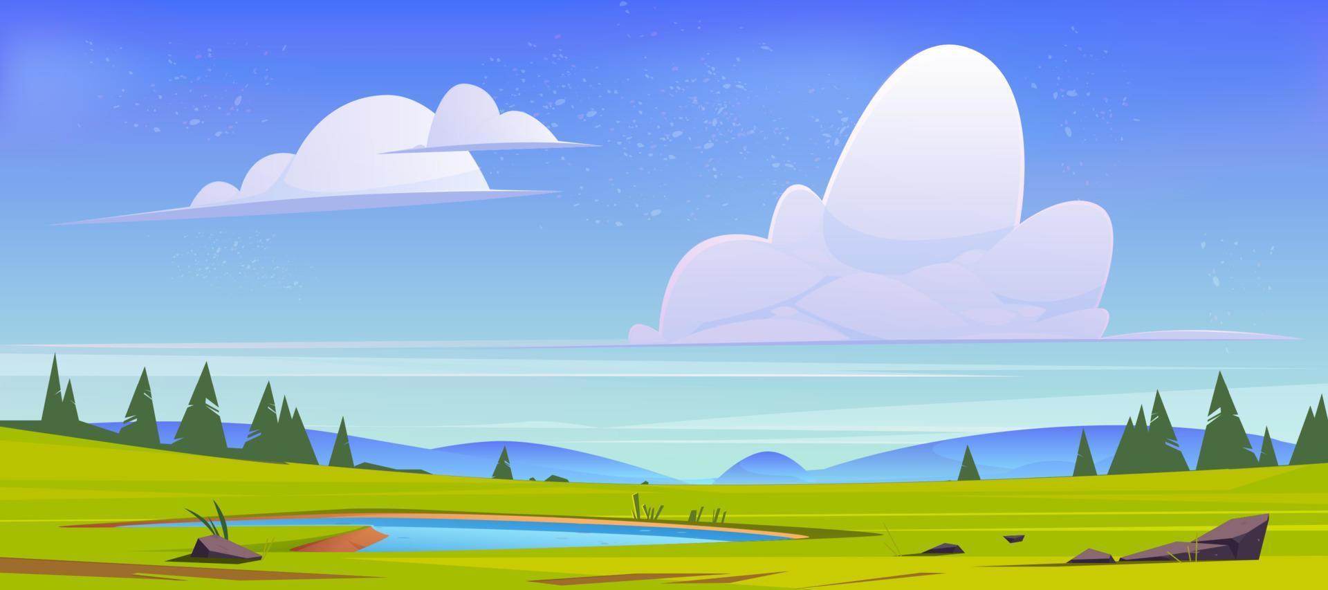 cartone animato natura paesaggio verde campo con stagno vettore
