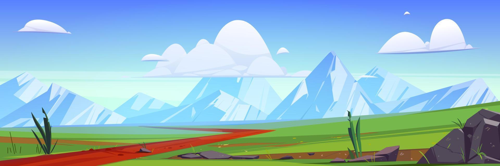 cartone animato natura montagna paesaggio con rurale strada vettore