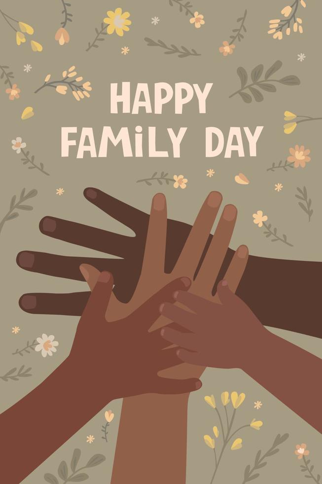 contento famiglia giorno carta. mani di genitori e bambini uno su altro. africano famiglia. piatto vettore illustrazione.