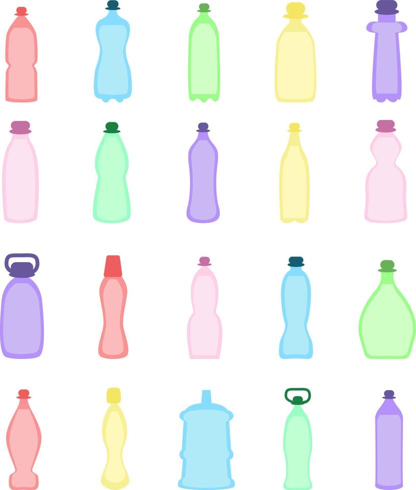colorato plastica bottiglie, illustrazione, vettore, su un' bianca sfondo. vettore