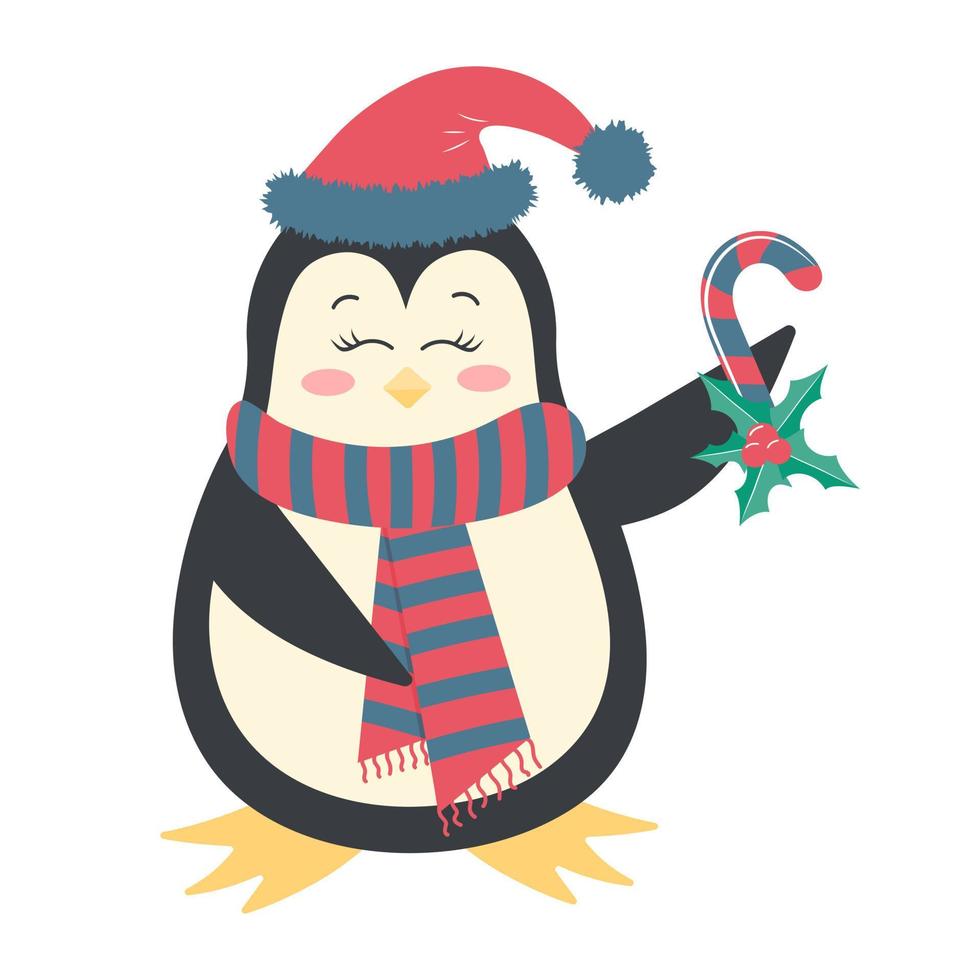 carino divertente pinguino nel un' sciarpa e cappello Tenere un' caramella canna con agrifoglio. antartico uccello, cartone animato personaggio isolato su bianca sfondo. vettore