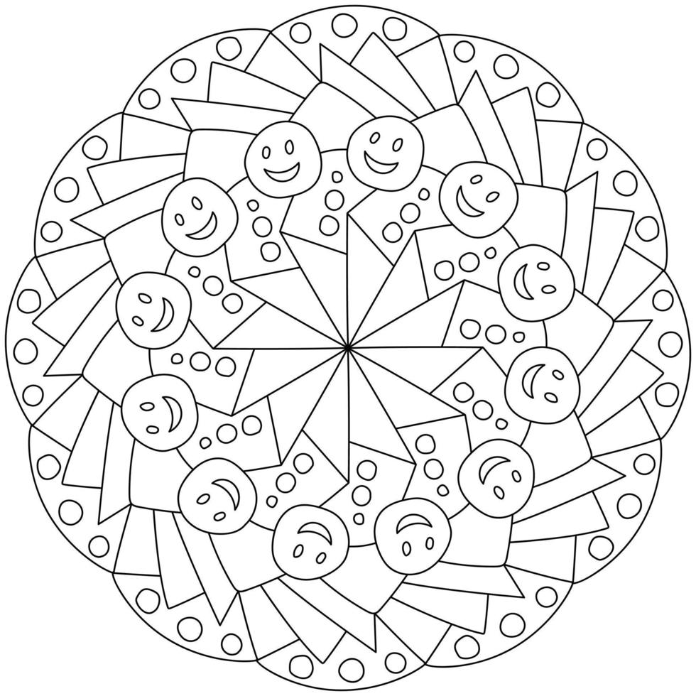 schema mandala con emoticon e grappoli di petali, colorazione pagina con semplice modelli vettore