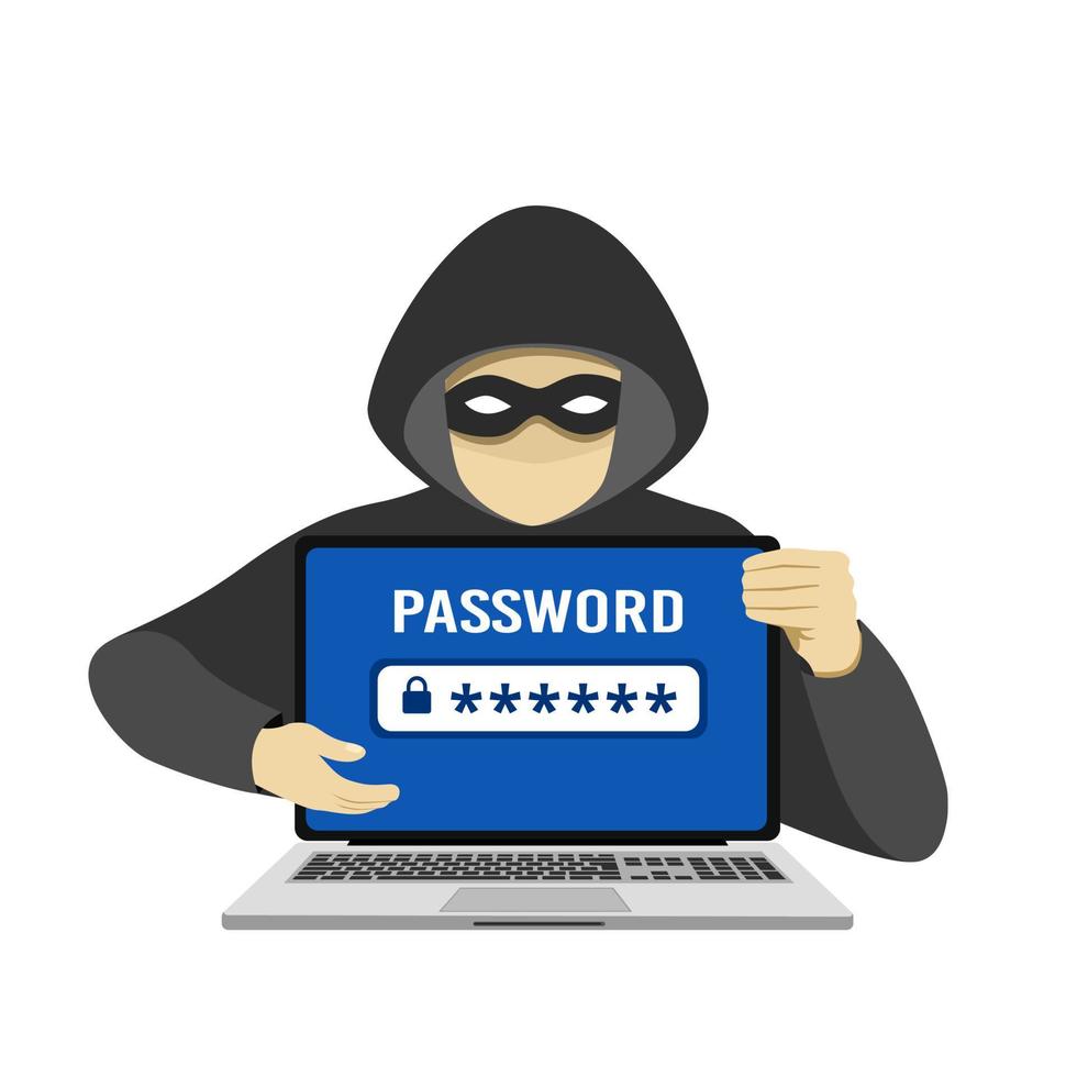 gli hacker siamo furto Le password, dati, e profili su il tuo il computer portatile. Internet, virus, phishing, hacking. vettore illustrazione.