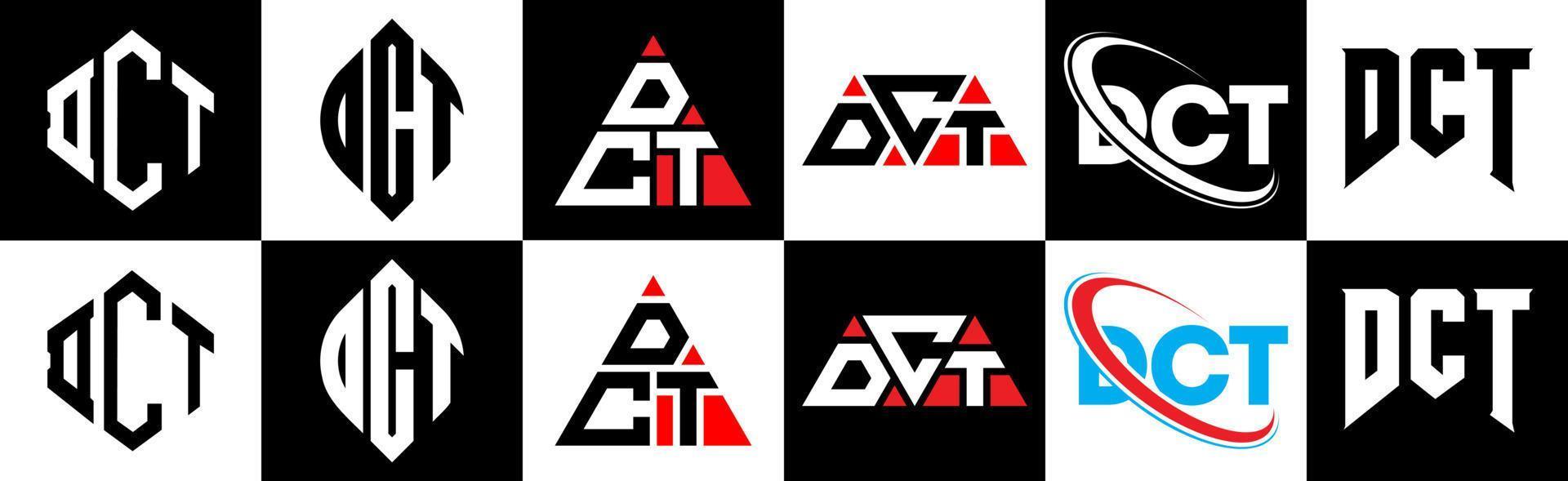 dct lettera logo design nel sei stile. dct poligono, cerchio, triangolo, esagono, piatto e semplice stile con nero e bianca colore variazione lettera logo impostato nel uno tavola da disegno. dct minimalista e classico logo vettore