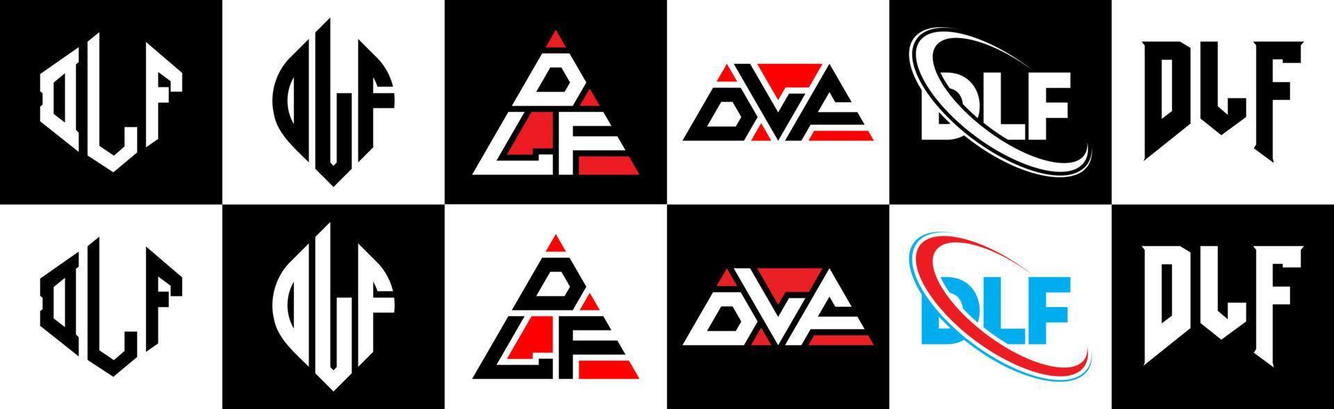 dlf lettera logo design nel sei stile. dlf poligono, cerchio, triangolo, esagono, piatto e semplice stile con nero e bianca colore variazione lettera logo impostato nel uno tavola da disegno. dlf minimalista e classico logo vettore