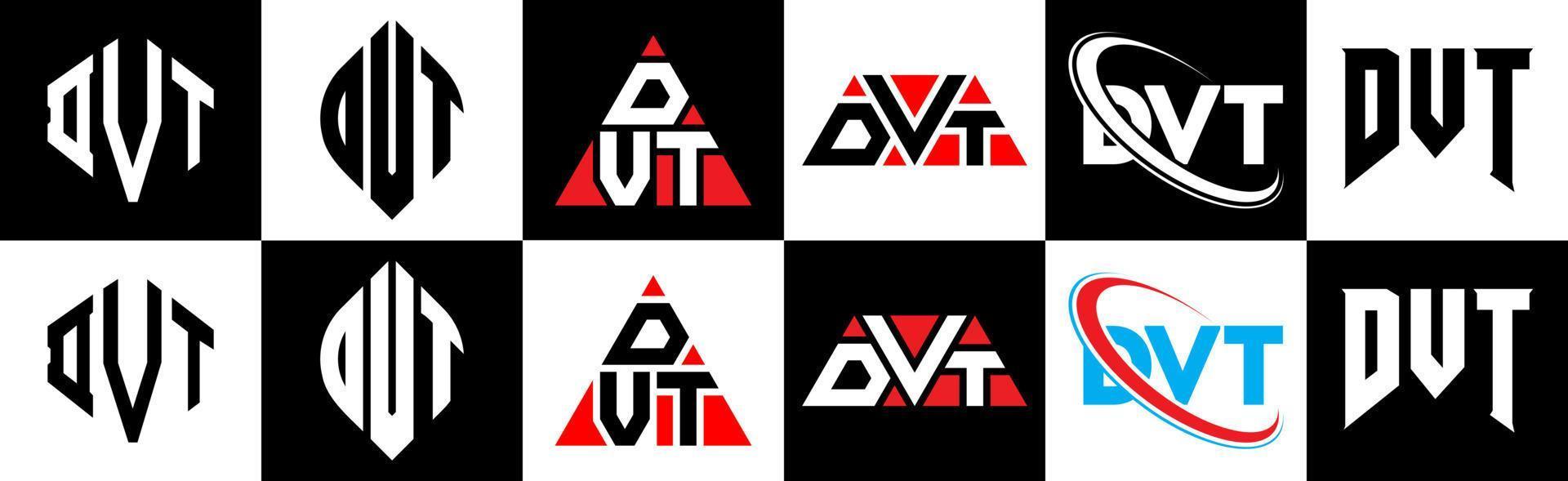 dvt lettera logo design nel sei stile. dvt poligono, cerchio, triangolo, esagono, piatto e semplice stile con nero e bianca colore variazione lettera logo impostato nel uno tavola da disegno. dvt minimalista e classico logo vettore