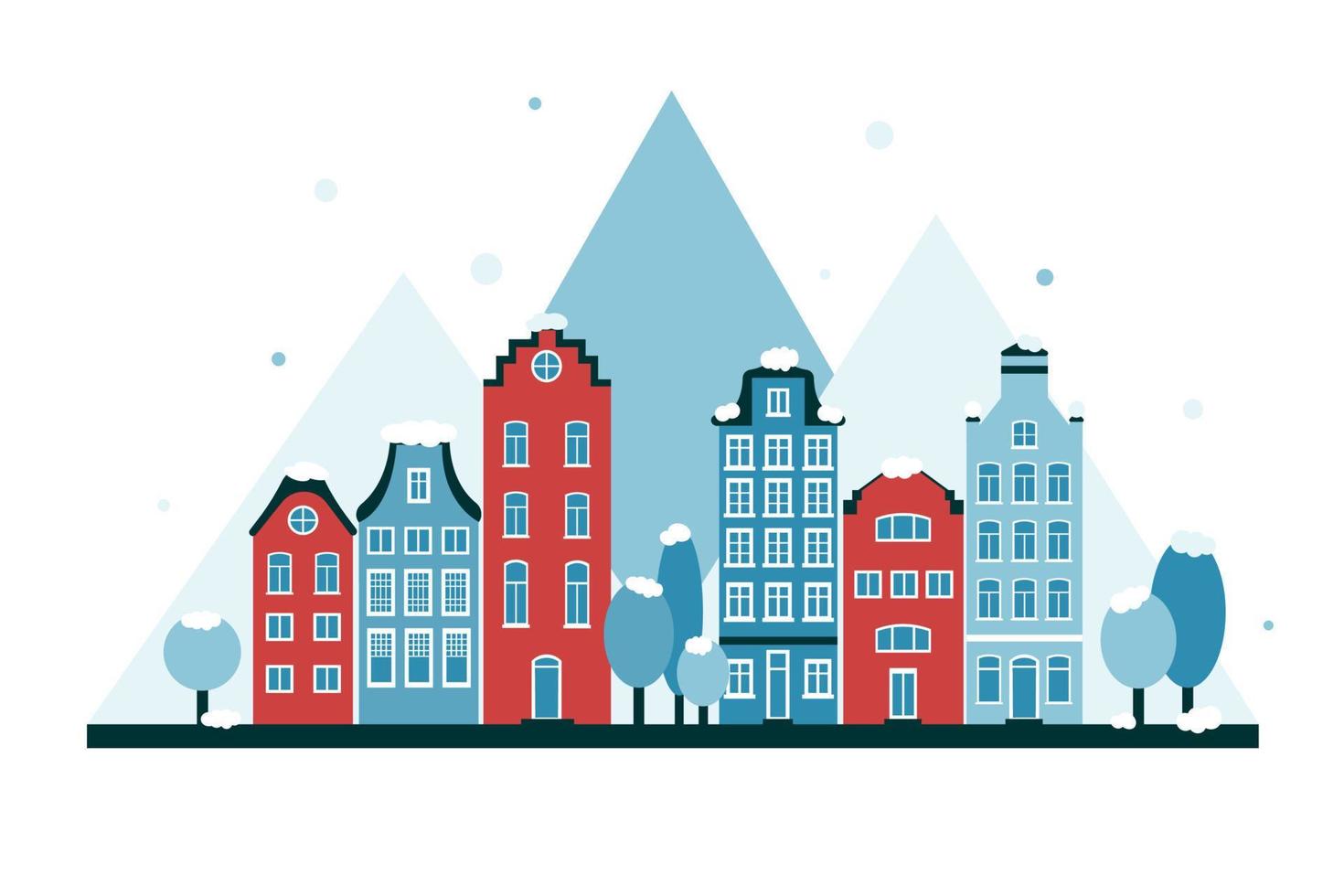 piatto inverno paesaggio urbano di amsterdam nel rosso e blu colori. montagne nel il sfondo. neve su alberi e tetti vettore