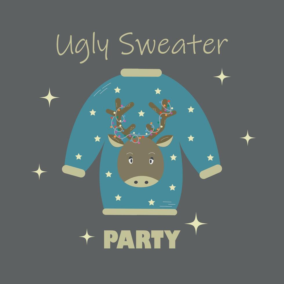 Natale cartolina con invito su brutto maglione vacanza festa. Natale blu maglione con un' cartone animato renna e fiocchi di neve. vettore