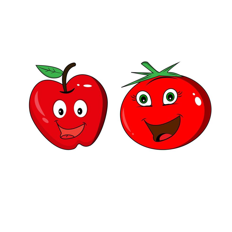 contento carino sorridente frutta viso impostare. vettore piatto kawaii cartone animato personaggio illustrazione icona collezione. carino arancia, mela, pomodoro personaggio emoji impostato concetto