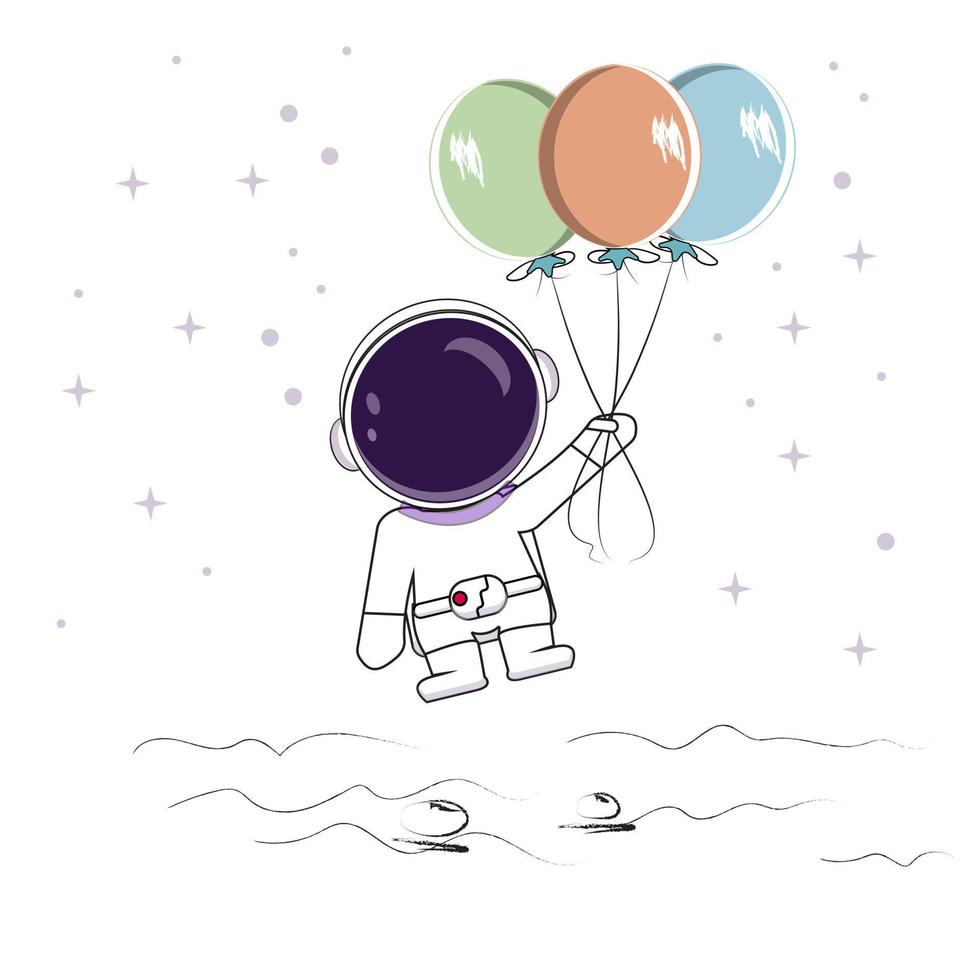 carino astronauta mantiene un' palloncini.astronauta In piedi su il Luna. infantile vettore illustrazione.mano disegnato stile