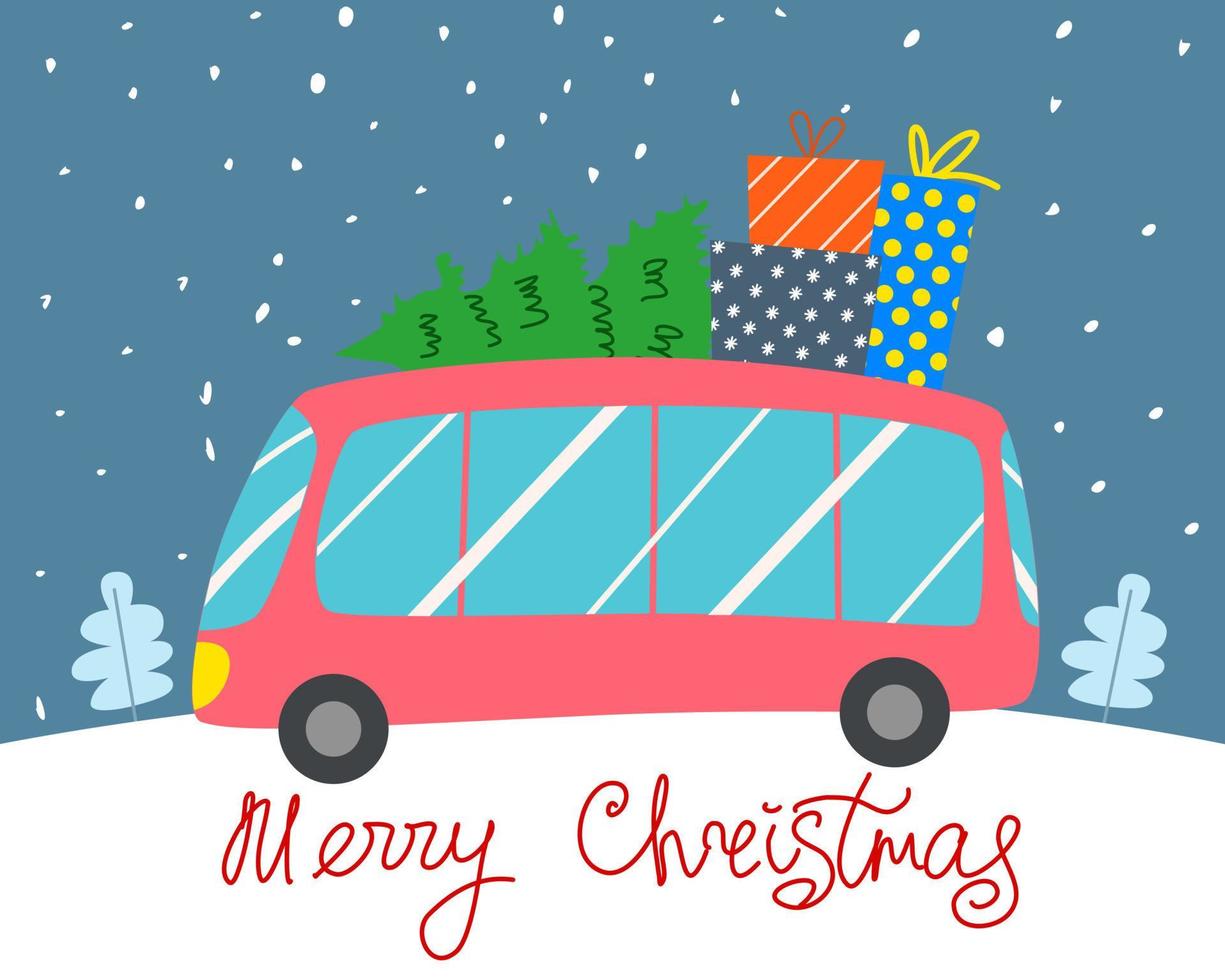 allegro Natale saluto carta. un' rosso Natale autobus con un' albero e i regali è guida lungo il strada. lato Visualizza. vettore