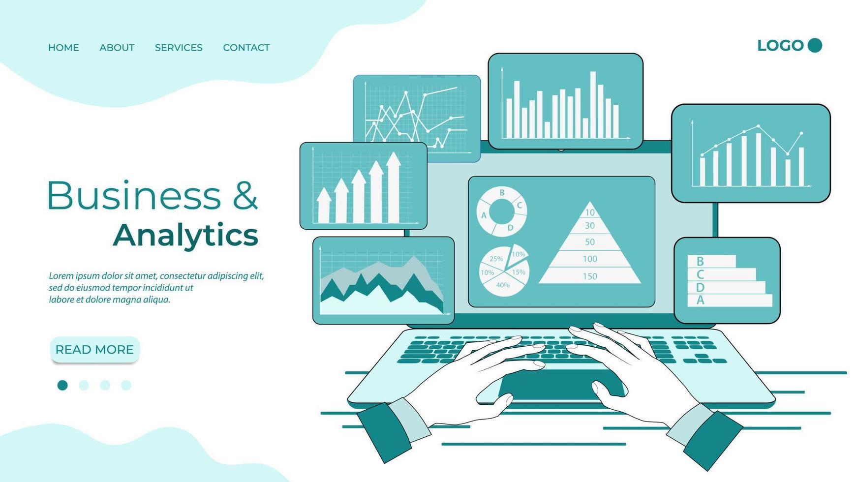 attività commerciale e analitica. un' uomo d'affari lavori con analisi.a uomo d'affari studi un Infografica su un' computer schermo.il concetto di lavoro di squadra e dati contabilità.affari e progetto finanziamento. vettore