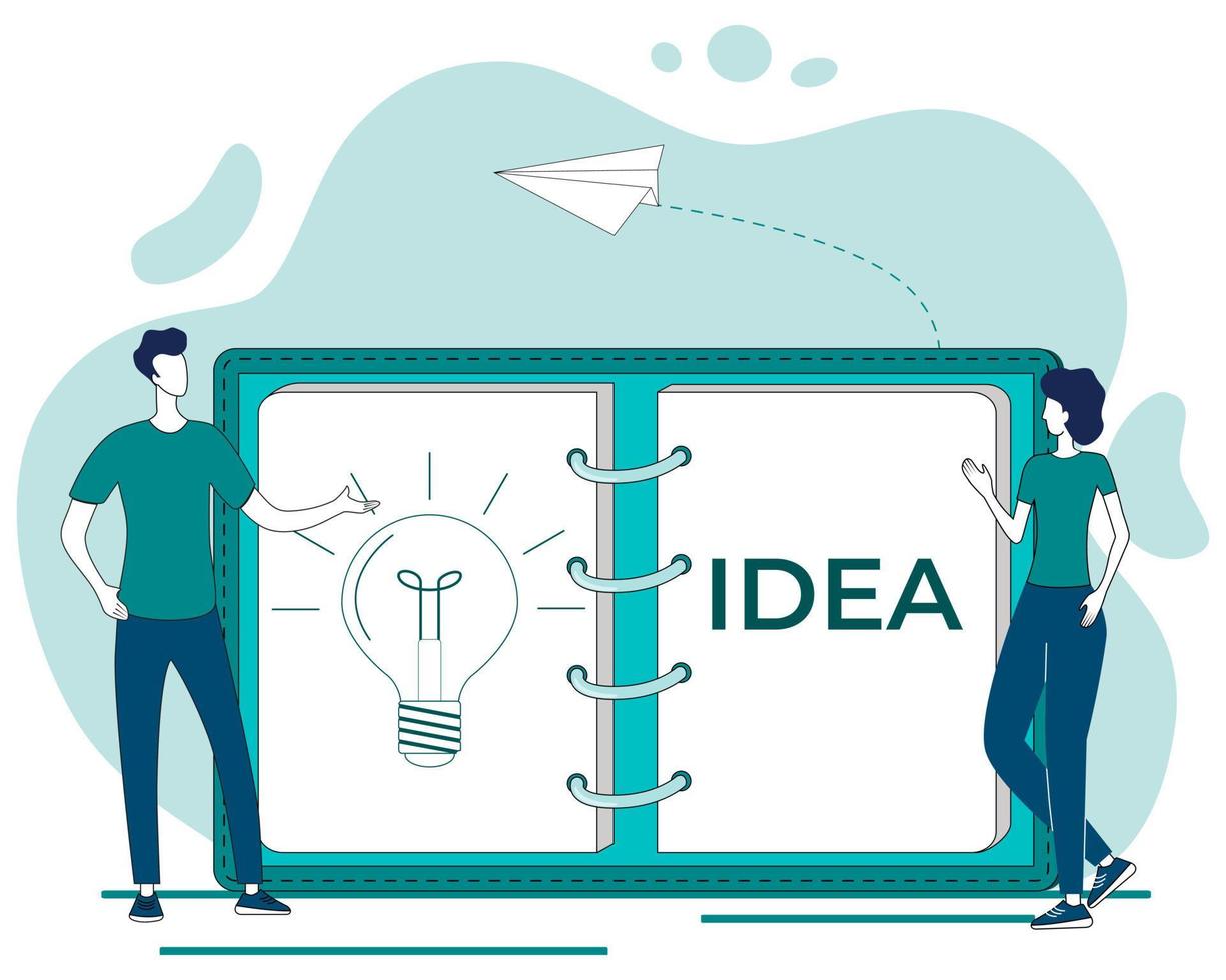 un' nuovo idea.persone discutere nuovo idee tra loro stessi .brainstorming e di partenza nuovo progetti.il concetto di scoperta e implementazione idee.piatto vettore illustrazione.