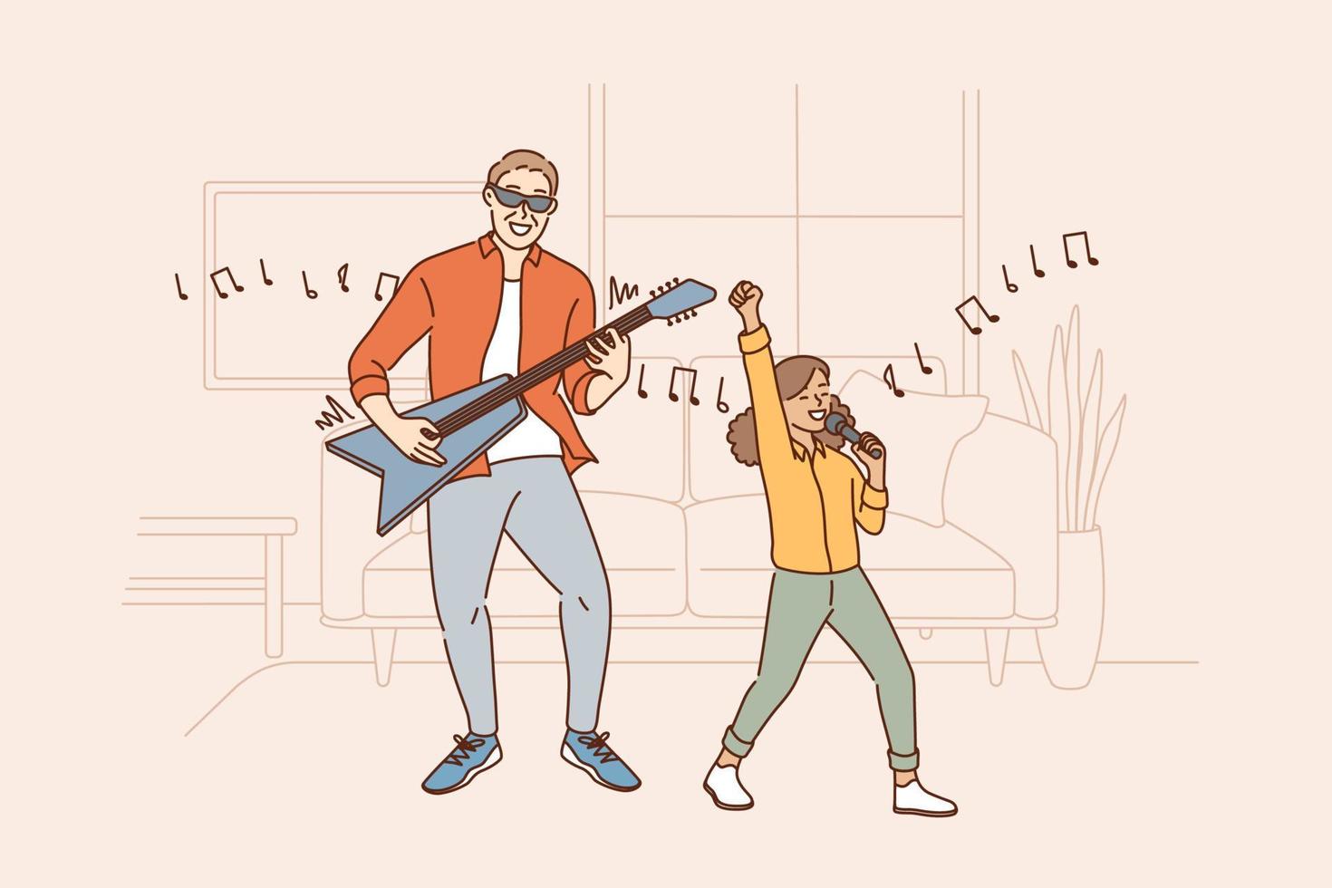divertimento e attività con bambini concetto. sorridente positivo padre giocando chitarra mentre il suo contento figlia cantando canzone nel microfono insieme vettore illustrazione