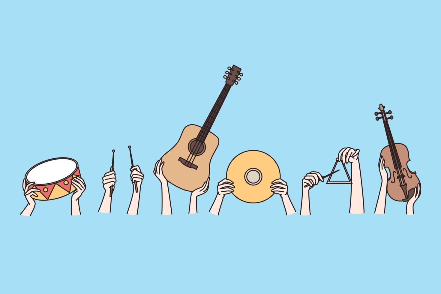 musicale strumenti e creativo arti concetto. umano mani Tenere musicale strumenti chitarra violino batteria groviglio al di sopra di blu sfondo vettore illustrazione