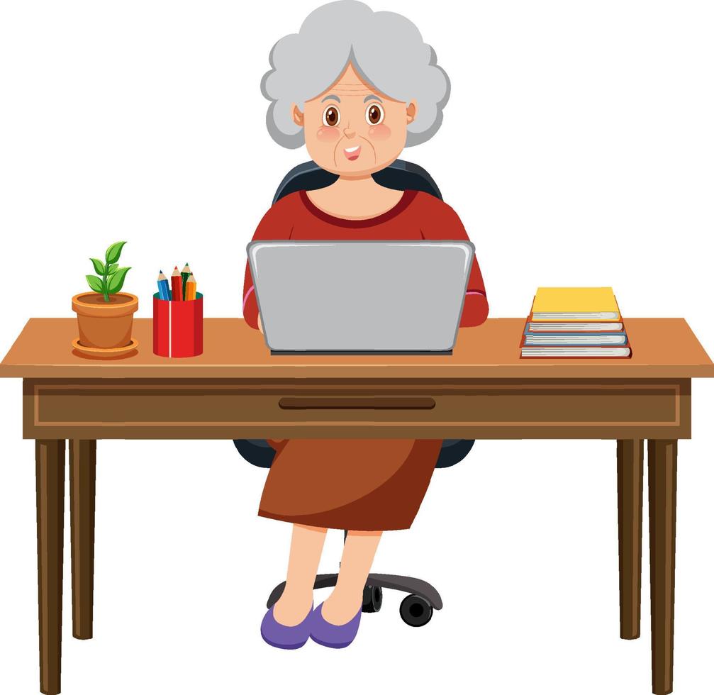 vecchio donna seduta nel davanti di il computer portatile vettore