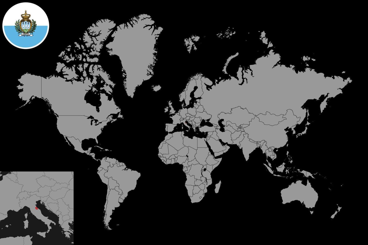 mappa pin con bandiera san marino sulla mappa del mondo. illustrazione vettoriale. vettore